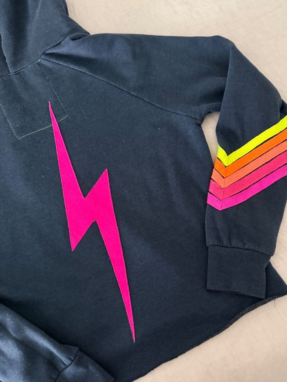 Aviator Nation Charcoal Neon Stripe Bolt Cropped Hoodie, Size M - Picture 5 of 9